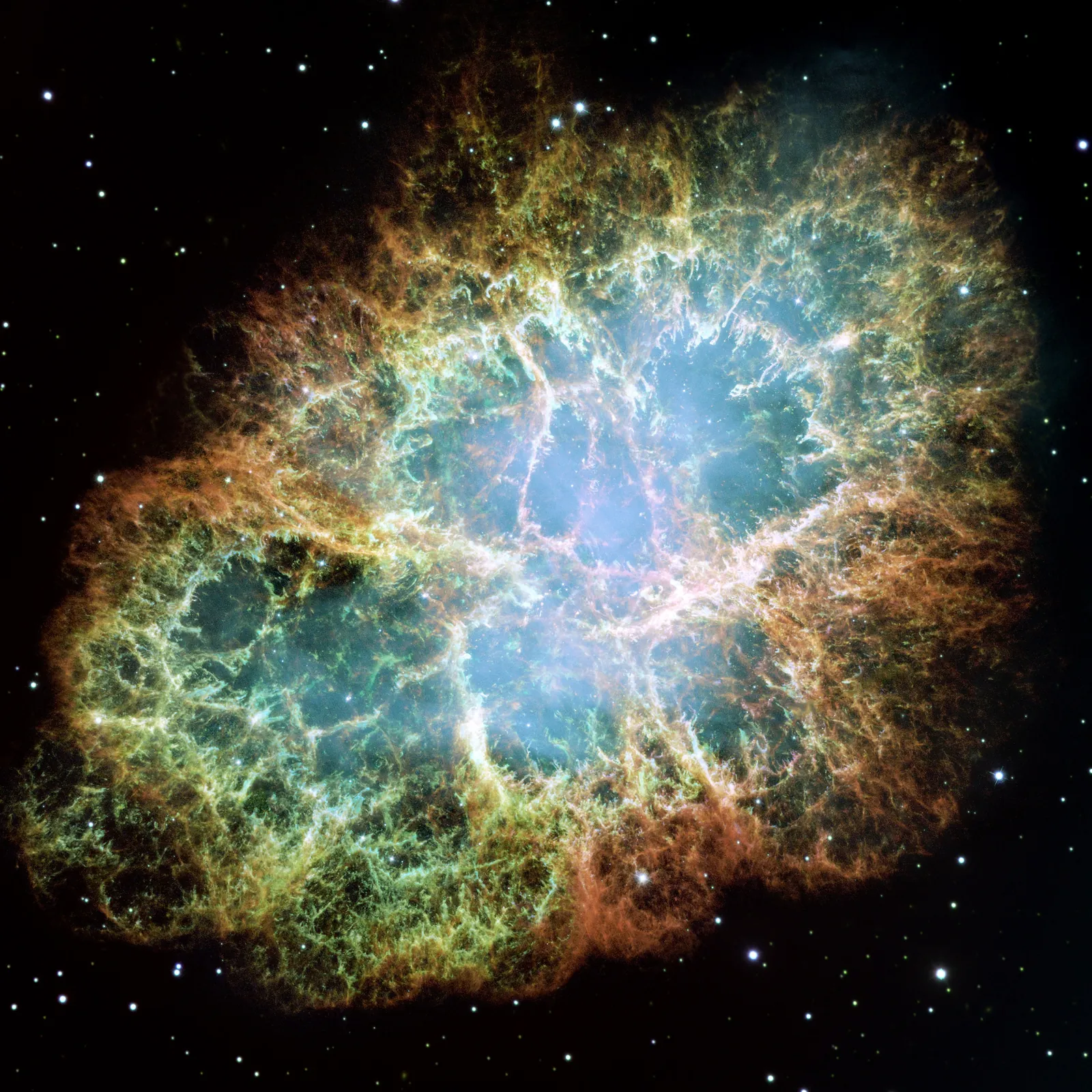 The Crab Nebula, the expanding filamentary remnant of a supernova explosion observed in the year 1054.